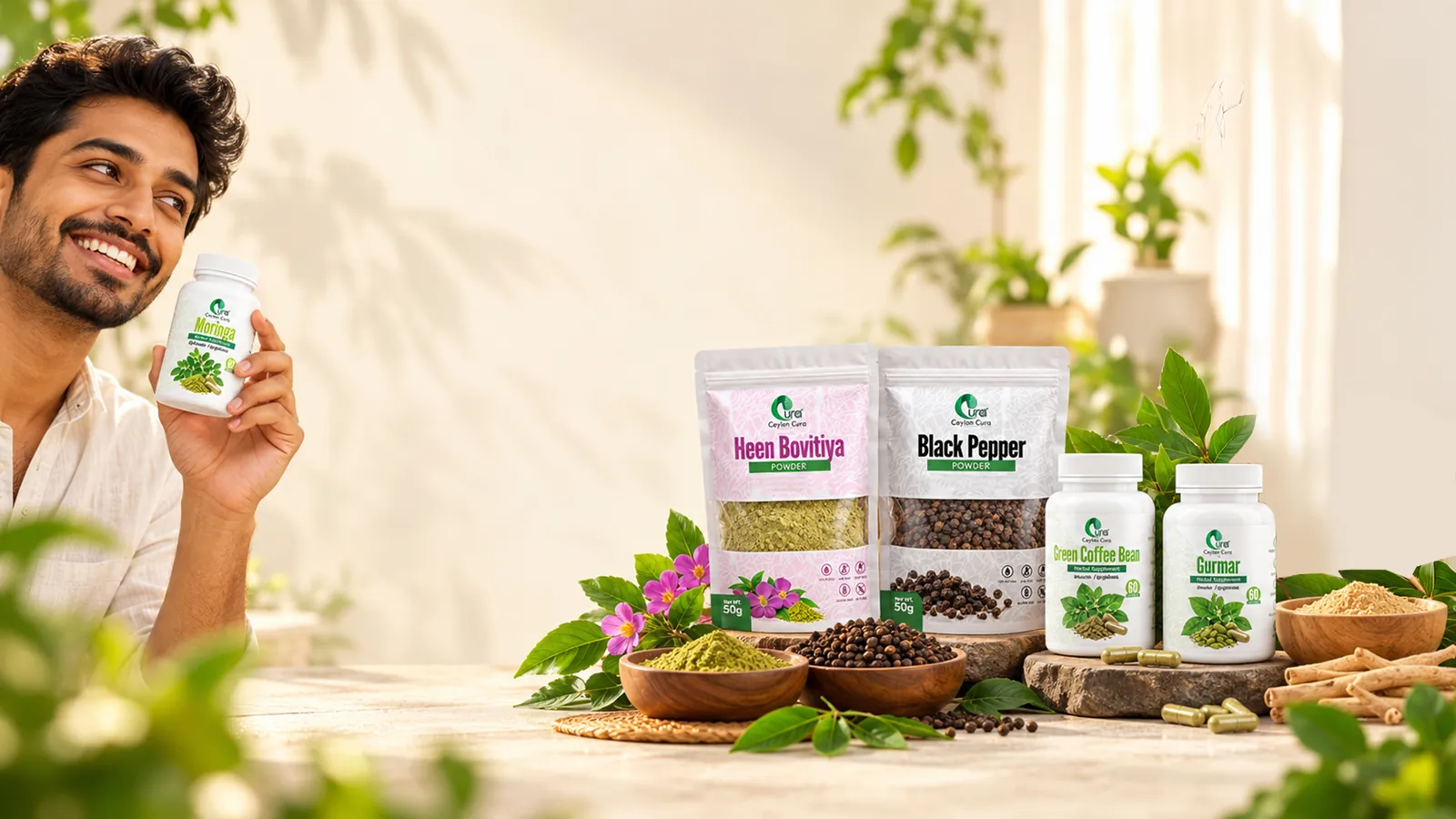 A man holding Ceylon Cura Moringa beside powders, pepper and capsule bottles